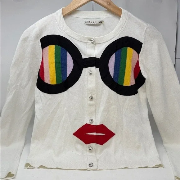 Alice + Olivia Ruthy Rainbow Pride Staceface Appliquéd Cotton-blend Cardigan. - Picture 1 of 10